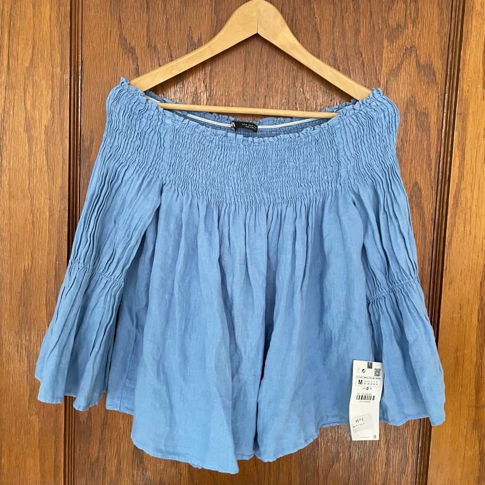 ZARA Blue 100% Linen Off the Shoulder Blouse